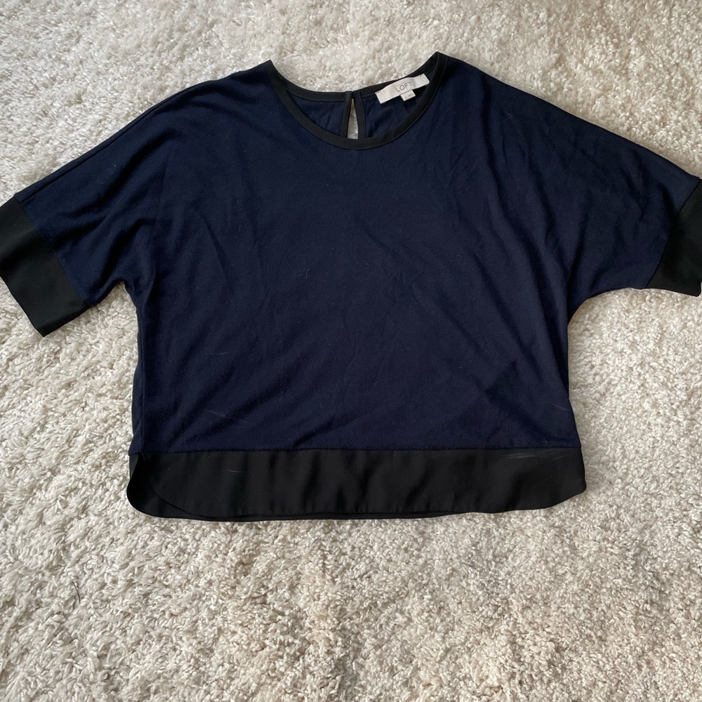 Ann Taylor loft top. Navy blue with black satin band on bottom and sleeves